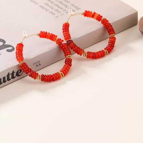 Wellike Beaded Hoop Earrings for Women Natural Stone Pink Gold Huggie Earrings Hypoallergenic Dainty Waterproof Trendy Jewelry - color: Red, size: 50mm