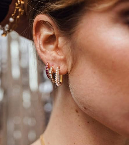 Kenivira Gold Pearl Hoop Earrings for Women | 18K Gold Huggie Dangle Earrings | Lightweight Small Hoop Earrings - color: Pearl & Rectangle