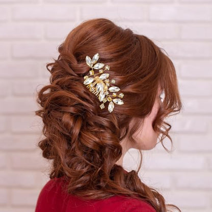2 Pcs Bridal Hair Comb Gold Hair Piece Accessory Gold Rhinestone Hairs Accessories Golden Hairs Piece Sparkle Metal Crystal Accessories for Bride Bridesmaids Women Girls