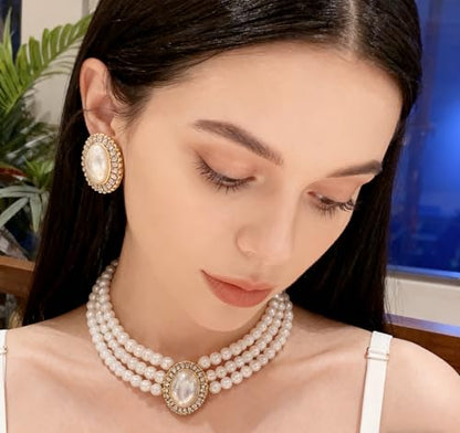 SukAmi Pearl Pendant Necklace Earrings Set 3 Layered White Pearl Jewelry Set Wedding Women Faux Pearl Necklace Multi Strands Choker