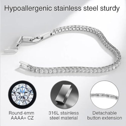 Stainless Steel Adjustable CZ Tennis Bracelet for Women Men | 14K Gold Plated, Round 3mm/4mm/5mm AAAA+ Cubic Zirconia, Dainty Classic, Festival Wedding Jewelry Gift - color: Steel, size: CZ 4mm