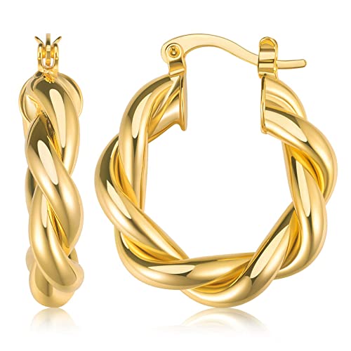 Twisted Hoop Earrings for Women, 18K Gold Plated Chunky Twist Hoops | Lightweight Rope Hoop Earrings | High Polish Finish | Secure Clasp | Comfortable Everyday Minimalist Jewelry