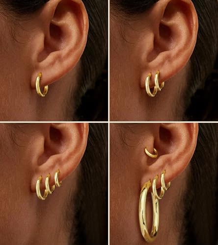 wowshow Gold Hoop Earrings for Women Chunky Hoops 14K Gold Plated Thick Hollow Tube Lightweight Earrings for Mother Birthday Gifts 20/25/30/40/50MM - color: Gold-40mm+10mm+8mm+6mm