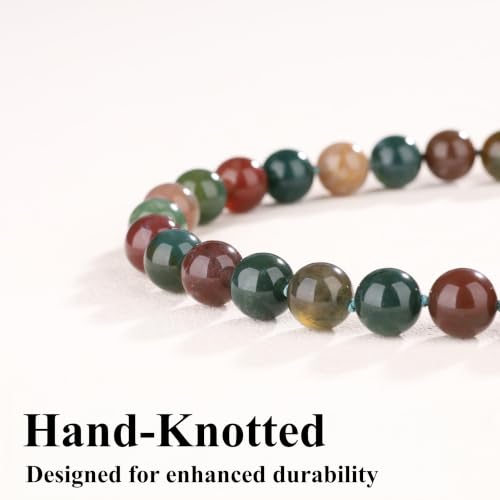 Chunky Gemstone Necklace for Women, 12mm Green Beaded Necklace, Hand-Knotted Beads Choker with Magnetic Clasp, Statement Jewelry, 16.5" - color: Indian Agate