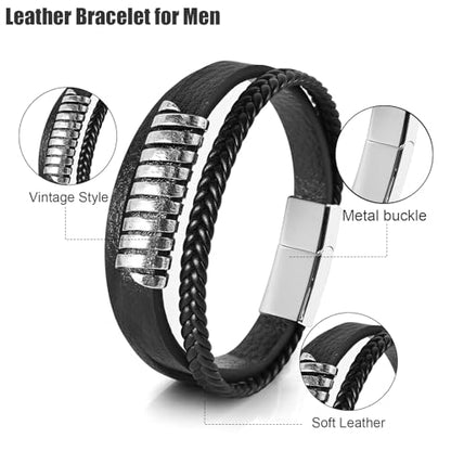 Leather Bracelet for Men Braided Stainless Steel Mens Bracelets - color: Black 5