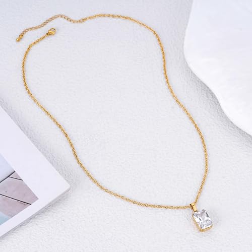 Birthstone Layered Pendant Paperclip Necklace 18k Gold Plated Heart Choker Chain Necklace Emerald Cut Jewelry Birthday Gift for Women - color: Emerald-Cut Diamond