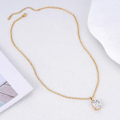Birthstone Layered Pendant Paperclip Necklace 18k Gold Plated Heart Choker Chain Necklace Emerald Cut Jewelry Birthday Gift for Women - color: Emerald-Cut Diamond