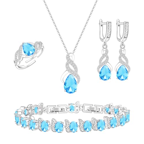 LMXXVJ Jewelry Set for Women,Teardrop Cubic Zirconia Necklace Earrings Adjustable Ring Bracelet Jewelry Set Formal Jewelry Gift - color: MHSD-White Gold-Sky Blue