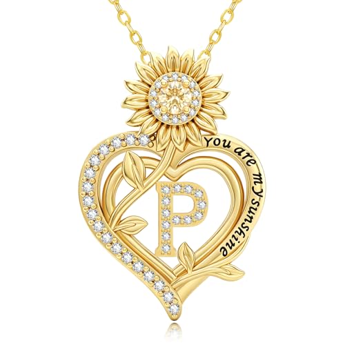14K Gold Sunflower Initial Necklaces for Women | Heart Letter Pendant You Are My Sunshine Jewelry Gifts - style: P