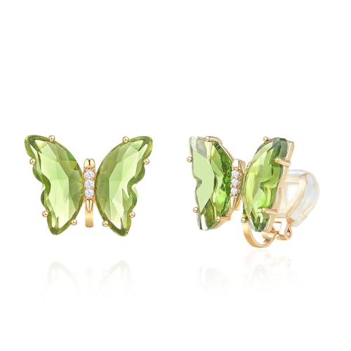 YOQUCOL Butterfly Shape Crystal Clip On Earrings Non Pierced Golden Stud for Women - color: Light Green
