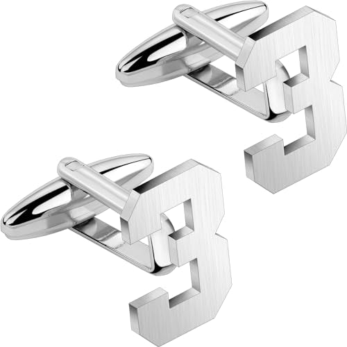 AMITER Mens Cufflinks with Number, Classic Silver Personalized Cuff Links for Men, Sport’s Day Casual or Formal Shirts - style: 3