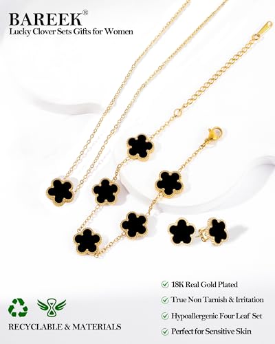 Clover Jewelry Set 3 PC - 18K Gold Plated Stainless Steel Y Necklace Four Leaf Pendant, Clover Link Bracelet Charm, Flower Earrings, Hypoallergenic Non-Tarnish,Simple Luxury Lucky Gifts for Women - color: Black