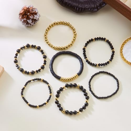 FORUBUS 7Pcs Bohemian Multilayer Stackable Beaded Bracelets Set for Women, Crystal Glass Gold CCB Beads Stretch Bracelet Pack, Summer Beach Boho Jewelry Vacation Gifts - color: Black