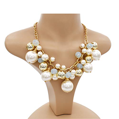 utop JNF Hand made Pearl Statement Necklace for Women Rhinestone Multilayer Crystal Necklaces Chunky Pearl Necklace Large Pearl Necklace and Earrings Set for Mother Mom's gift - color: chain pearl necklace