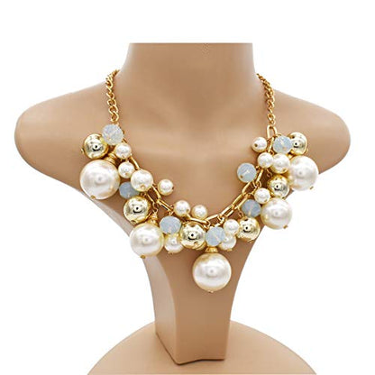 utop JNF Hand made Pearl Statement Necklace for Women Rhinestone Multilayer Crystal Necklaces Chunky Pearl Necklace Large Pearl Necklace and Earrings Set for Mother Mom's gift - color: chain pearl necklace