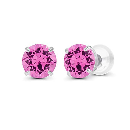 Solid 925 Sterling Silver Gold Plated 6mm Round Genuine Birthstone Gemstone Hypoallergenic Stud Earrings For Women - color: Created Pink Sapphire