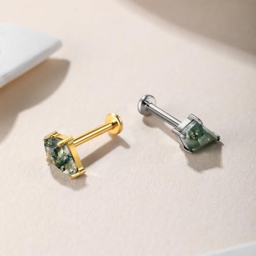 1PC ASTM F136 Titanium Push Pin Moss Agate Stone Flat Back Earrings 16G 8mm for Helix Conch Tragus - color: Rhombus-18KGP