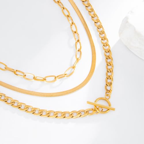 Layered Silver Chain Necklace for Women Chunky Stainless Steel Chains Necklaces Trendy Cuban Link Paperclip Chain Toggle Clasp Choker Necklace Stack Set Jewelry - color: Gold