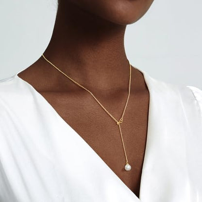 Luxval Lariat Gold Necklace for Women, Dainty Long Necklace 14k Gold Plated/Silver Y-Shaped Pendant Necklaces Trendy Beaded Chain Drop Necklaces Jewelry for Women Gifts - color: Gold-adjustable Pearl