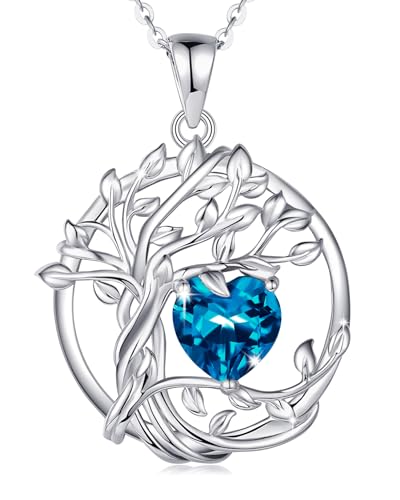 FANCIME Tree of life Birthstone necklace Sterling Silver Pendant Birthstone Necklace Gemstone Anniversary Birthday Jewelry Mothers Day Gifts for Mom Her Wife - color: Dec.-Blue Topaz