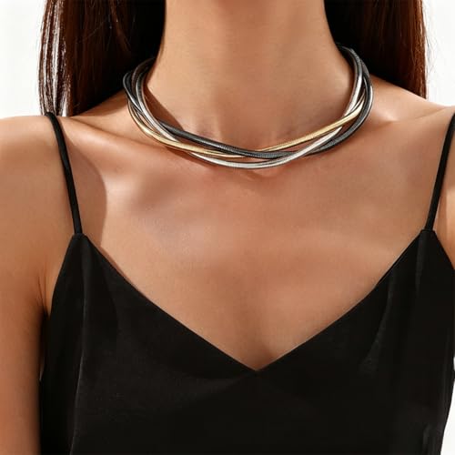 Chunky Gold Statement Choker Neckalce for Women Layered Snakebone Chain Collar Necklace Twist Wrap Stainless Steel Choker Punk Aesthetic Jewelry Gifts - color: Gold Silver