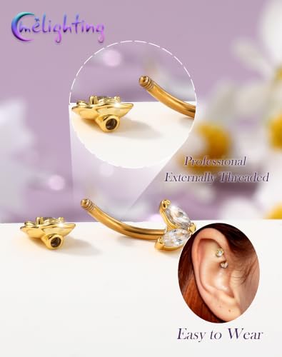 Melighting 16G Flower Rook Piercing Jewelry Marquise Stainless Steel 316L | Delicate Floral Leaf Design, 5A Grade Cubic Zircon, Dainty Eyebrow Piercing - color: Gold, size: 16g6mm