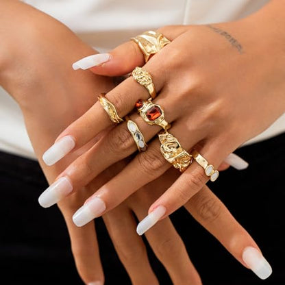 Chunky Gold Statement Rings for Women Dainty Gemstone Crystal Ring Stackable Opening Adjustable Knuckle Bold Thick Irregular Ring Set Vintage Jewelry