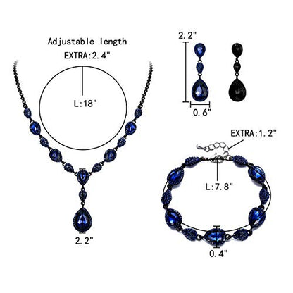 EleQueen Women's Wedding Bridal Jewelry Sets for Brides Bridesmaids, Cubic Zirconia Teardrop Necklace Tennis Bracelet Dangle Earrings Jewellery Set - color: 12-Sapphire Color Black-Tone