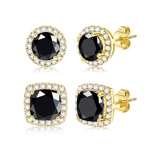 18K Gold Plated Halo Stud Earrings 925 Sterling Silver Cubic Zirconia Stud Earrings Round Square Diamonique Stud Earrings Set for Women Men - color: Gold&Black