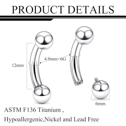 Ruifan 20g 18g 16g 14g 12g 8g 6g 4g 2g Rook Piercing Jewelry Titanium Internally Threaded Curved Barbell Eyebrow PA Tragus Helix Conch Lobe Earrings Lip Rings Body Piercing Jewelry For Women Men - size: 6G - 12mm Ball
