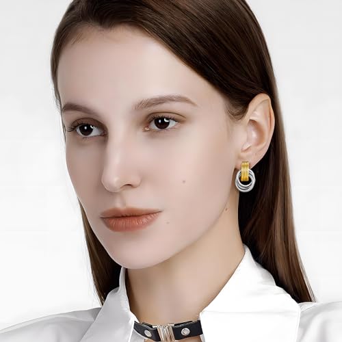 Gold Chunky Earrings for Women Geometric Knot Link Drop Dangle Earrings 14K Gold Plated Statement Earrings Trendy Gold Jewelry - color: Style 8-Two Tone