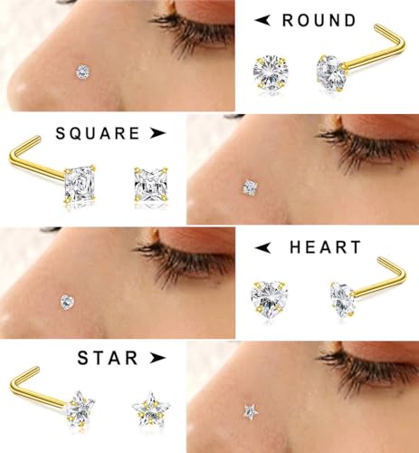 SEEDRILL 8Pcs 20G Nose Rings studs for Woman Hypoallergenic Nose Studs 316L Surgical Steel with Gold Plated Nose Piercings Jewelry 3mm CZ L Shape Nose Rings 20 Gauge Nose Stud Nose Screw Studs - style: 8Pcs/18G/3mm CZ/L Shape/Gold-Plated