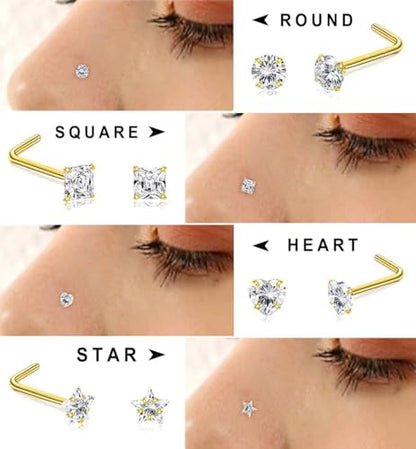 SEEDRILL 8Pcs 20G Nose Rings studs for Woman Hypoallergenic Nose Studs 316L Surgical Steel with Gold Plated Nose Piercings Jewelry 3mm CZ L Shape Nose Rings 20 Gauge Nose Stud Nose Screw Studs - style: 8Pcs/18G/3mm CZ/L Shape/Gold-Plated