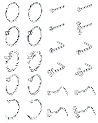 18 Nose Rings Studs Surgical Stainless Steel Hypoallergenic L Shaped Nose Piercing Jewelry for Women Men Silver Black Nostril Hoop Rings 18 Gauge - style: A41-silver 18g