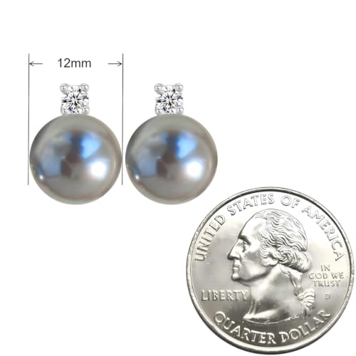 Faux Pearl Cubic Zirconia Stud Earrings, Hypoallergenic Lightweight Round Pearl Studs for Women - color: Blueish Silver, size: Pearl 12mm-CZ 3mm
