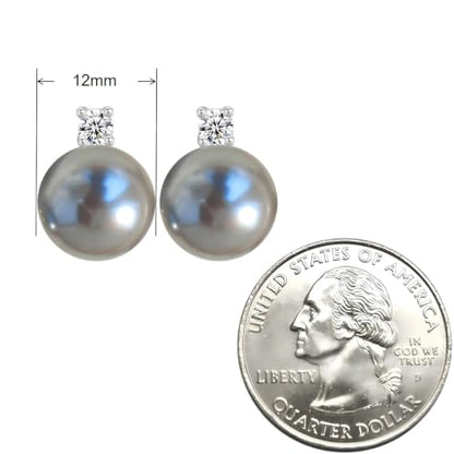 Faux Pearl Cubic Zirconia Stud Earrings, Hypoallergenic Lightweight Round Pearl Studs for Women - color: Blueish Silver, size: Pearl 12mm-CZ 3mm
