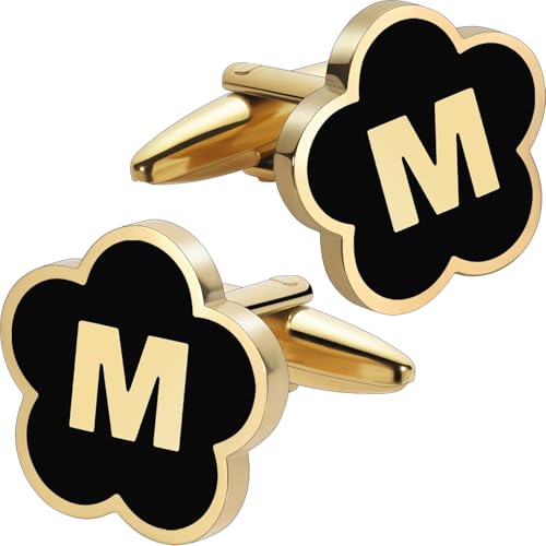 Initial Cufflinks for Mens,Personalized Black Glod Pated Letter Shirts CuffLinks,Stainless Steel Cuff Links, Business Wedding Gift A-Z - style: Letter M