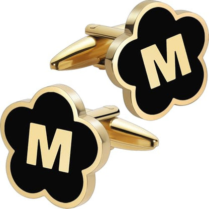 Initial Cufflinks for Mens,Personalized Black Glod Pated Letter Shirts CuffLinks,Stainless Steel Cuff Links, Business Wedding Gift A-Z - style: Letter M