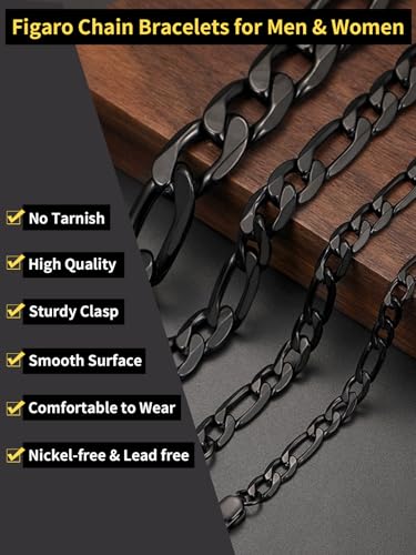 ChainsHouse Figaro Link Chain Bracelet for Men Stainless Steel Jewelry | Black/ Gold Bracelets Men, 6/9/13mm Figaro Cuabn Bracelets 7.5"/8.3", Chunky Hip Hop Wrist Hand Chain Bracelet for Gift - color: h: 9mm-black