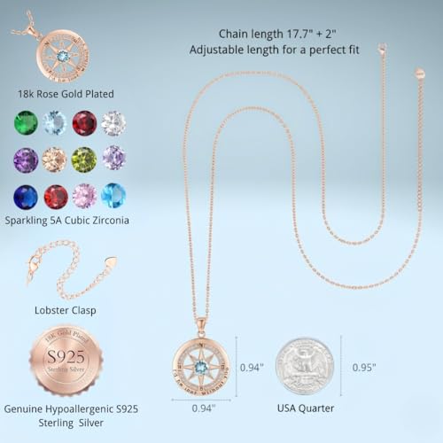Compass Necklace for Women Wife Girlfriend Mom Daughter Gifts | S925 Silver Jewelry For Anniversary 18K Rose Gold Gifts For Birthday Christmas Mothers Valentines Day 12 Birthstones - style: 03-March-Rose Gold