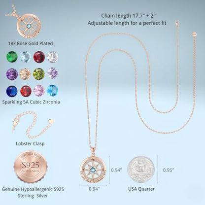 Compass Necklace for Women Wife Girlfriend Mom Daughter Gifts | S925 Silver Jewelry For Anniversary 18K Rose Gold Gifts For Birthday Christmas Mothers Valentines Day 12 Birthstones - style: 03-March-Rose Gold