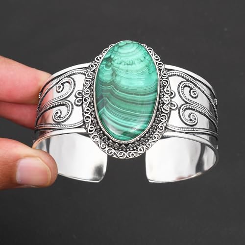 Silver Plated Statement Cuff Bangle Bracelet for Women – Handcrafted Wide Boho Bracelet with Natural Stone Inlay (Abalone Shell, Blue Turquoise, Malachite) Ideal Gift For Birthday Anniversaries Adjustable Fashion Jewelry - color: Malachite