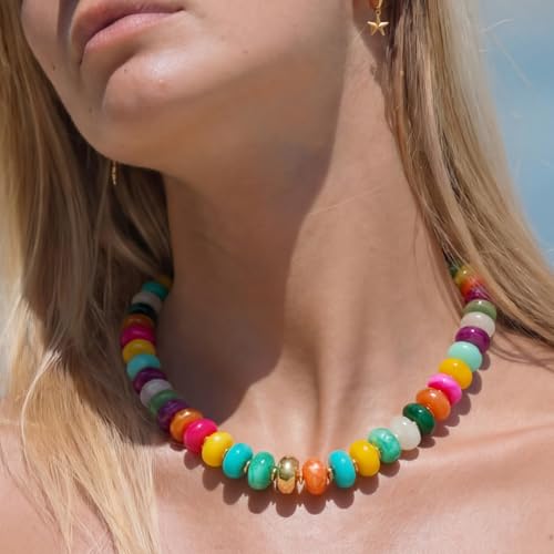 Beaded necklace for Women Boho Bead Gemstone Chunky Necklace Big Bead Necklace Fashion Trendy Summer Necklaces Jewelry Gifts - color: Colorful&GD Beaded