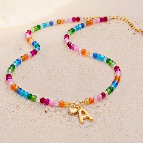 Initial Necklace for Women Colorful Beaded Necklaces Initial Heart Bubble Letter Necklace Summer Necklace Jewelry Gift - color: A'