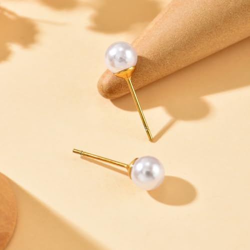 Pearl Stud Earrings for Women Gold/Silver Plated 3mm 4mm 5mm 6mm 8mm Pearl Earrings Dainty Hypoallergenic Earrings - color: Gold, size: 6 Millimeters