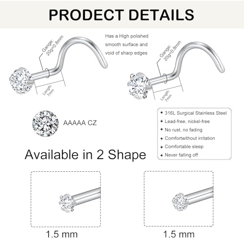 20G Nose Rings Studs for Women Corkscrew Sliver Nose Studs Hypoallergenic Nose Rings 316L Stainless Steel Nose Nostril Percing Jewely for Women Men Round Square CZ Imitation Diamond 1.5mm/2.0mm/2.5mm/3.0mm - style: 20G-screw-sliver-1.5mm
