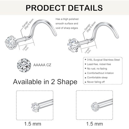 20G Nose Rings Studs for Women Corkscrew Sliver Nose Studs Hypoallergenic Nose Rings 316L Stainless Steel Nose Nostril Percing Jewely for Women Men Round Square CZ Imitation Diamond 1.5mm/2.0mm/2.5mm/3.0mm - style: 20G-screw-sliver-1.5mm