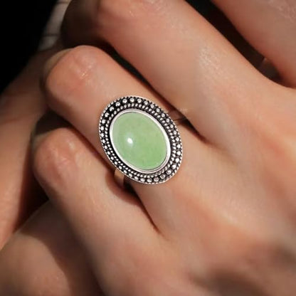 Natural Oval Stone Boho Ring,Retro Antique S925 Sterling Silver Crystal Quartz Gemstone Bohemian Statement Handmade Ring Jewelry for Women Her - color: B01_Dongling Jade