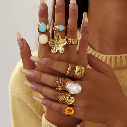 Chunky Gold Rings for Women Non Tarnish, Baroque Pearl Flower Tiger's Eye Stone Rings Adjustable Stacking Statement Rings Set Fashion Jewelry Gifts - style: Chunky Flower