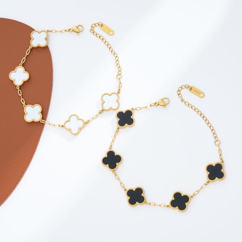 Waterproof Four-Leaf Clover Bracelet,Adjustable Link Double Sided Jewelry, Lovely Fashion Jewelry Gift for Women - color: Black Bracelet + White Bracelet